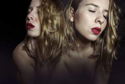 Multiple image of shirtless young woman against black background