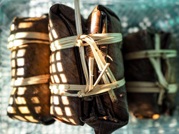 Close-up of wicker baskets