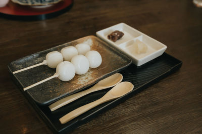 High angle view of dessert in plate on table