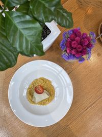 High angle view of food served on table