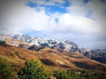 Scenic view of snowcapped mountains against sky