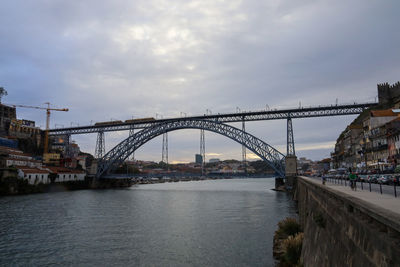 Bridge over river with city in background