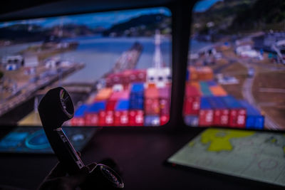 Close-up of telephone in ship at harbor