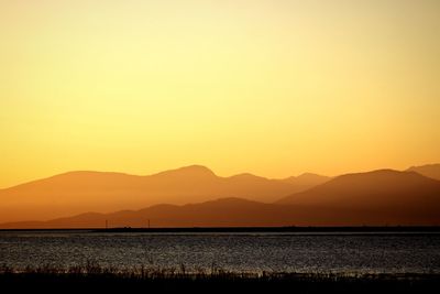 Scenic view of lake against orange sky
