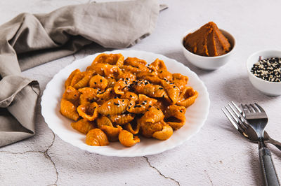 High angle view of food in plate on table