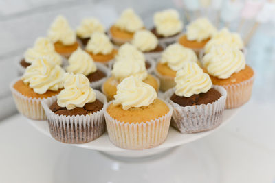 High angle view of cupcakes on table