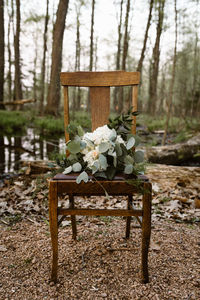 Table and chairs in forest