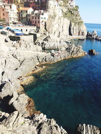 Scenic view of sea by cliff against sky