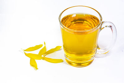 Close-up of tea cup against white background