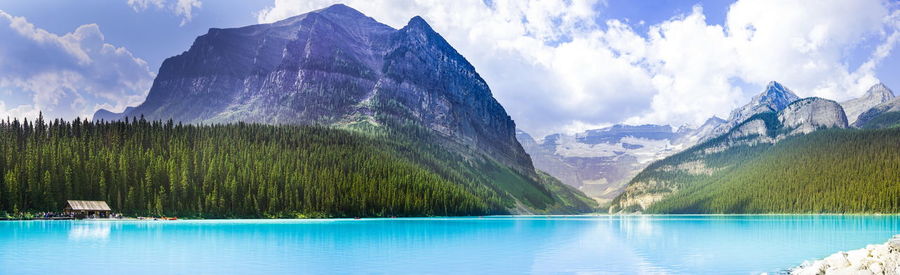 Panoramic view of lake by mountains against sky