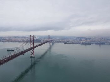 Bridge over river in city against cloudy sky