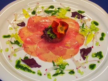 High angle view of fish served in plate