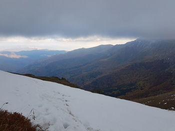 Scenic view of mountains against sky during winter