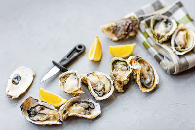 Fresh oysters and lemon on gray concrete background