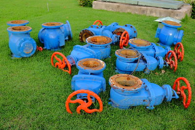 High angle view of various toys on field