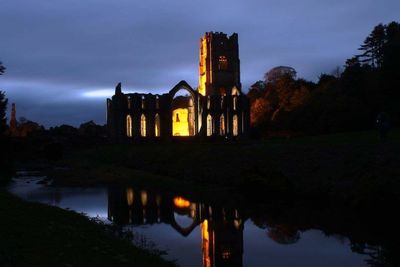 Reflection of building in water at sunset