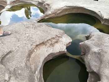 Close-up of rock formation by lake