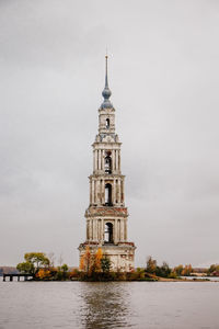 Old abandoned bell tower in the middle of the lake, kalyazin, russia