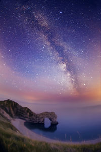 Scenic view of sea against milky way 