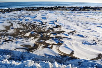 High angle view of snow covered land