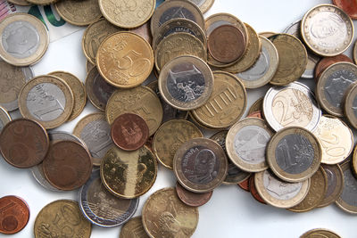 High angle view of coins