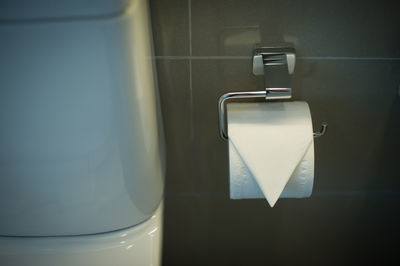 Toilet paper roll hanging in bathroom close up.