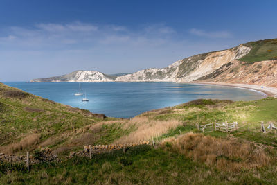 Scenic view of sea and mountains against sky