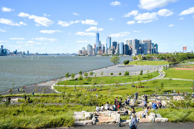 View of lower manhattan from the lookout point on the hills at governors island