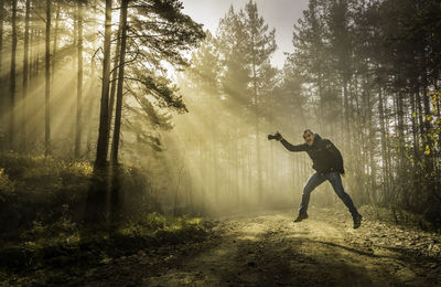 People standing on tree trunk in forest