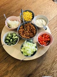 High angle view of food served on table
