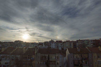 High angle view of buildings against sky