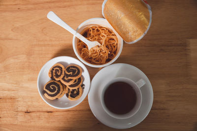 High angle view of breakfast on table