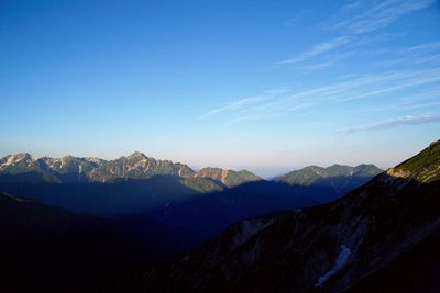 Scenic view of mountains against clear blue sky