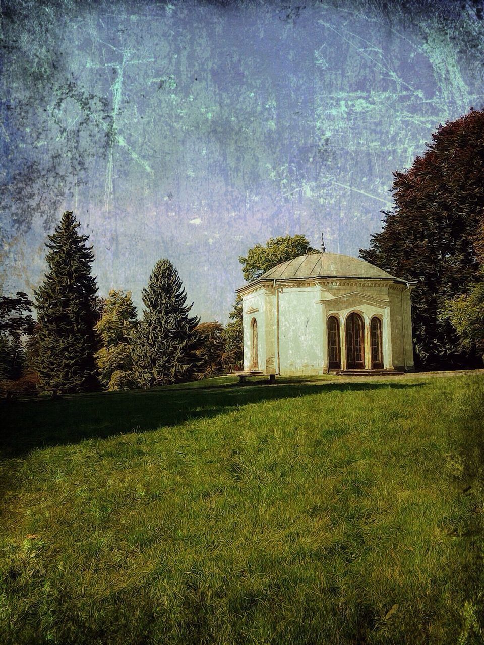 architecture, built structure, grass, tree, building exterior, sky, history, lawn, field, cloud - sky, nature, growth, day, old, outdoors, tranquility, no people, green color, grassy, plant