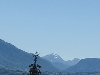 Scenic view of snowcapped mountains against clear sky