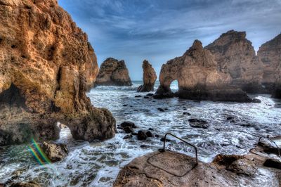 Rock formations in sea against sky