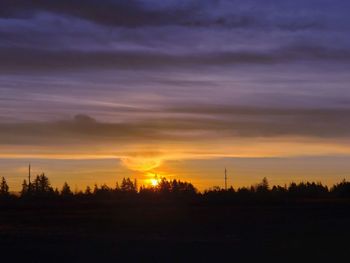 Silhouette trees on landscape against sky during sunset