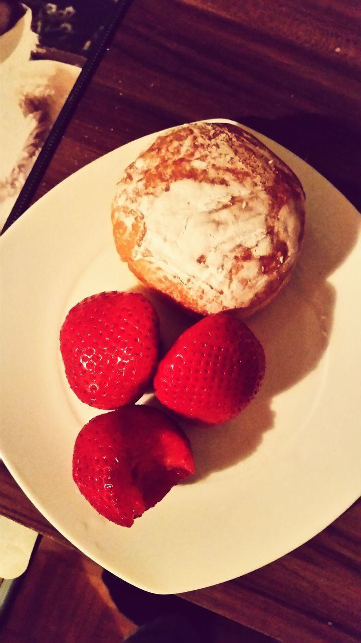 food and drink, food, freshness, indoors, sweet food, ready-to-eat, still life, dessert, strawberry, indulgence, fruit, table, unhealthy eating, high angle view, plate, red, close-up, temptation, raspberry