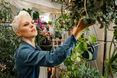 She examining seedlings. professional florist woman working in garden.