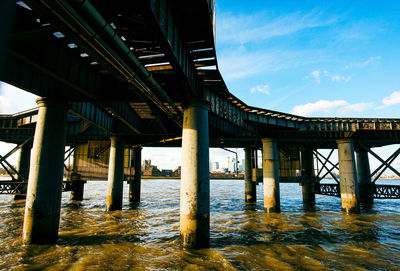 View under docks on london thames river. from the south across to the central city.