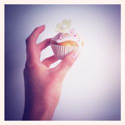 Close-up of hand holding over white background