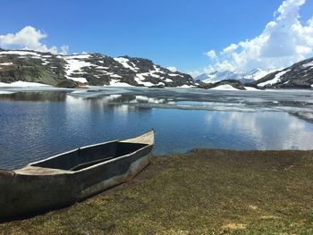 Scenic view of lake by snowcapped mountains against sky