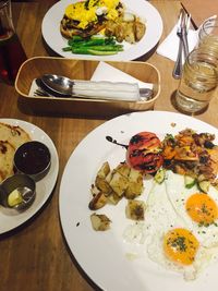 Close-up of food served on table