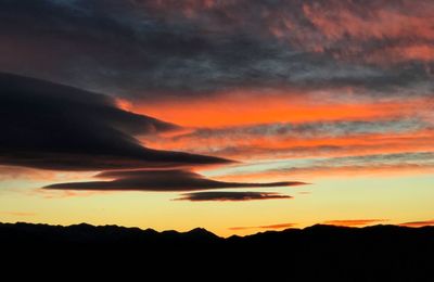 Scenic view of silhouette mountain against dramatic sky