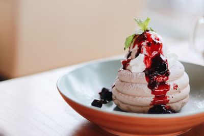 Close-up of sweet food in plate on table