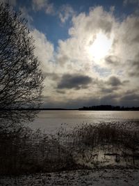 Scenic view of lake against sky at sunset
