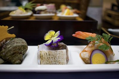 Close-up of food served on table