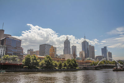 City at waterfront against sky