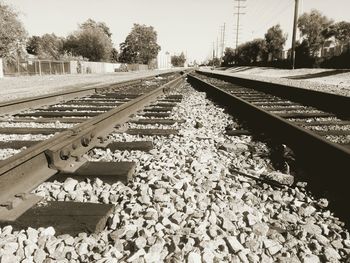 Railroad tracks amidst trees against sky