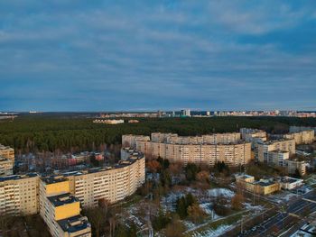 High angle view of buildings against sky